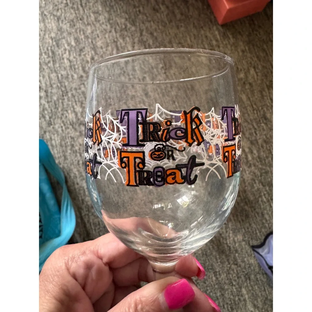 Halloween Trick or Treat Wine Glass Set of 2 Spider Web Pumpkin Festive Stemware